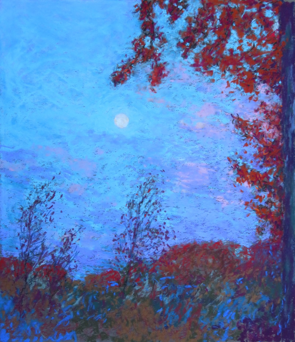 Moon at Dawn, with Birches and Oak trees - Pastel 20 X 17.25 inches - Created 3rd November 2020