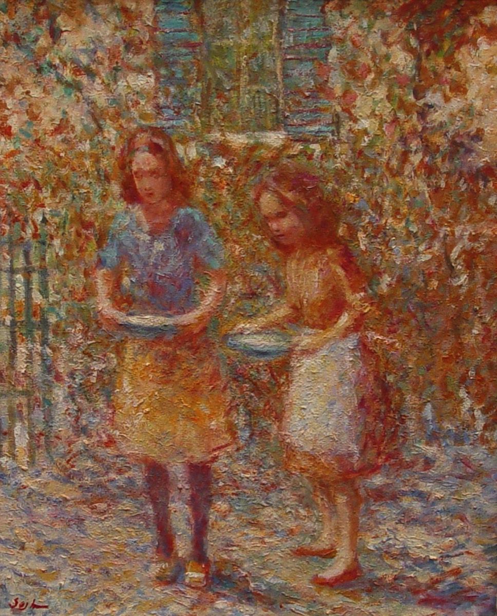 Girls carrying milk puddings - Tracy Sur Loire - oil on canvas 30 X 24 inches - available on request